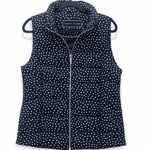 Tommy Hilfiger puffer vest Women's size Medium Navy Blue Polka Dot Zip Pockets